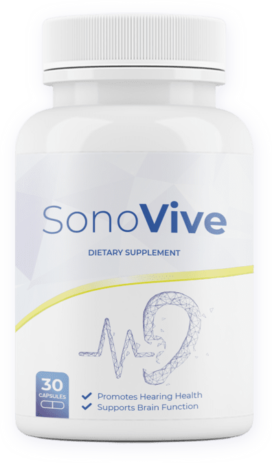 A bottle of SonoVive hearing support supplement — 30 capsules, promotes hearing health