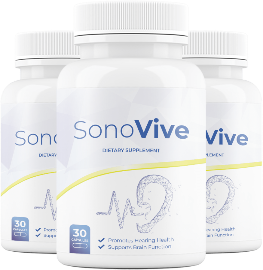 Three bottles of SonoVive hearing support supplement — promotes hearing health and supports brain function